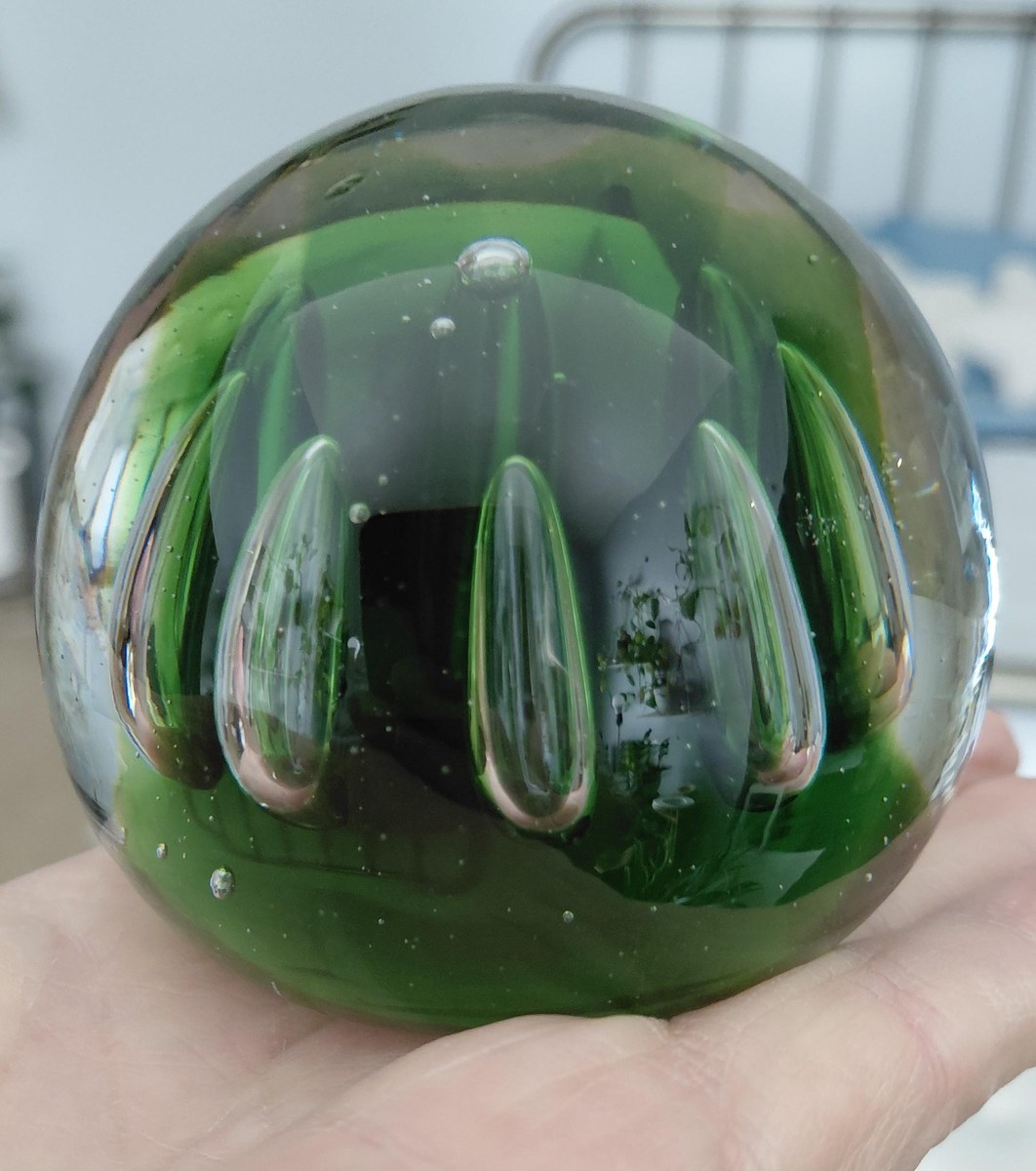 Vintage Blenko Controlled Bubble Art Glass Paperweight | Emerald Green Hand Blown MCM Glass Sculpture, view 16