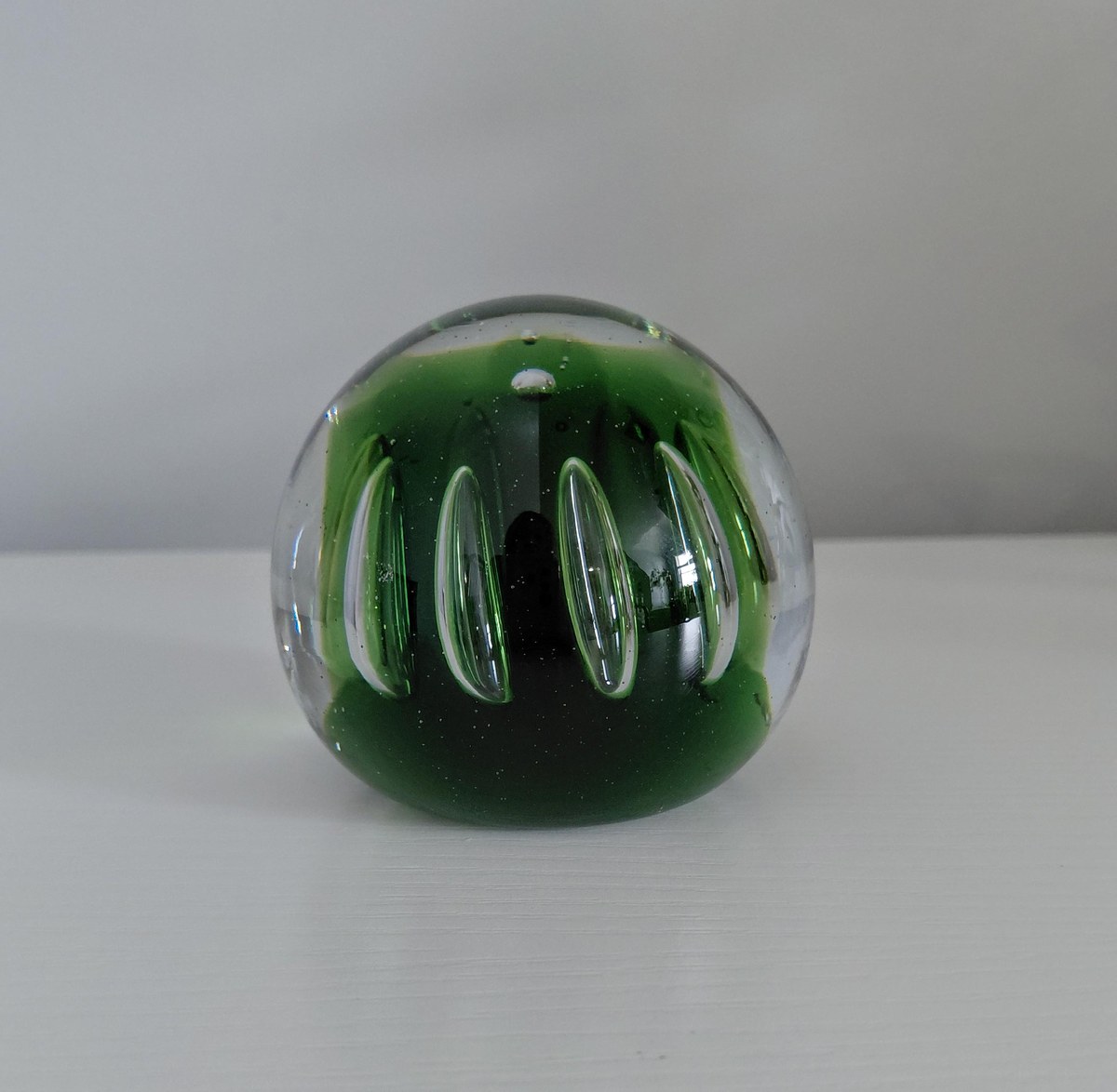 Vintage Blenko Controlled Bubble Art Glass Paperweight | Emerald Green Hand Blown MCM Glass Sculpture, view 17