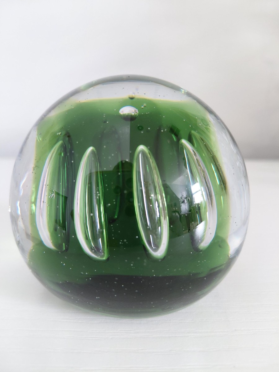 Vintage Blenko Controlled Bubble Art Glass Paperweight | Emerald Green Hand Blown MCM Glass Sculpture, view 19
