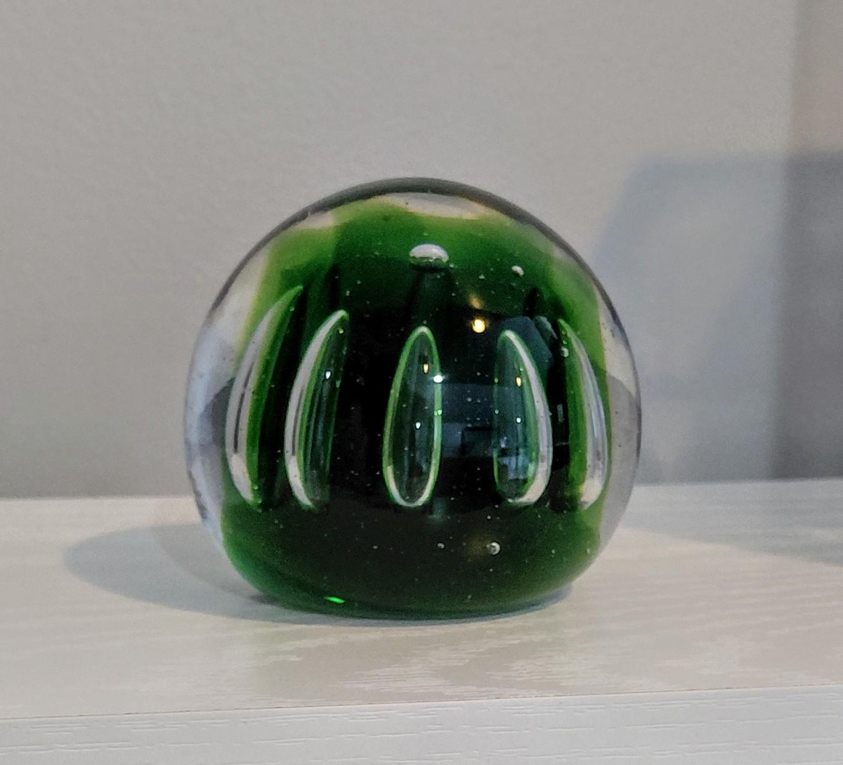 Vintage Blenko Controlled Bubble Art Glass Paperweight | Emerald Green Hand Blown MCM Glass Sculpture, view 2