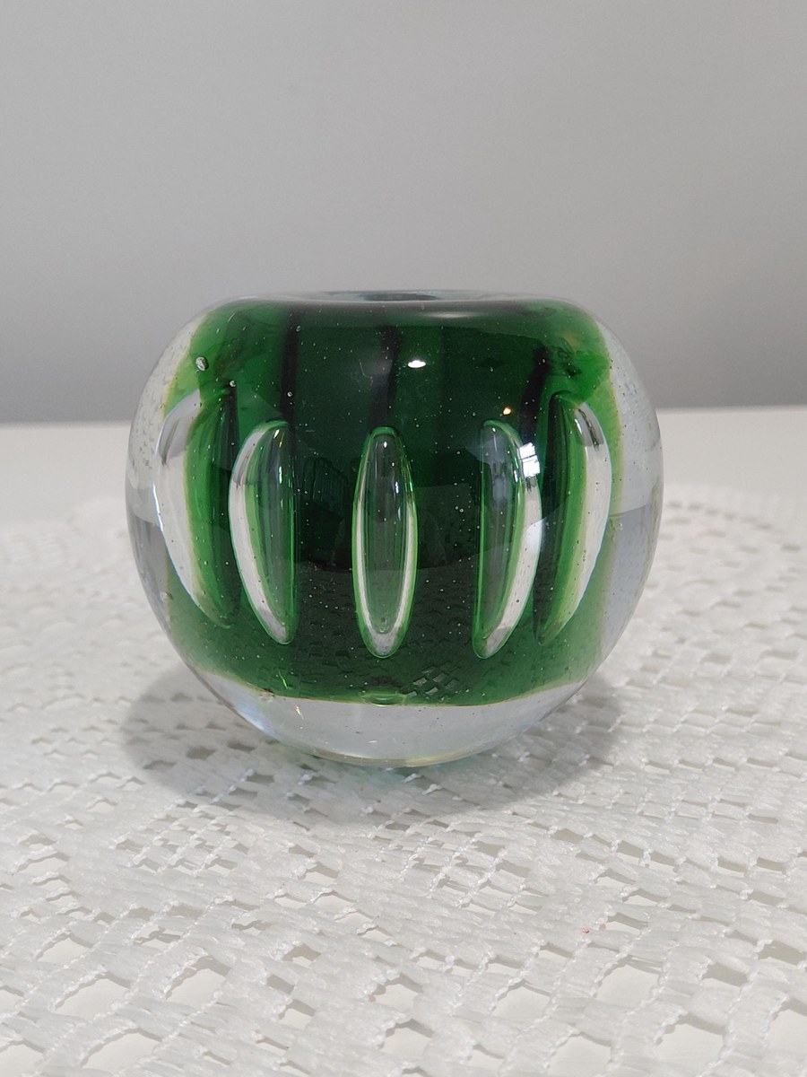 Vintage Blenko Controlled Bubble Art Glass Paperweight | Emerald Green Hand Blown MCM Glass Sculpture, view 20