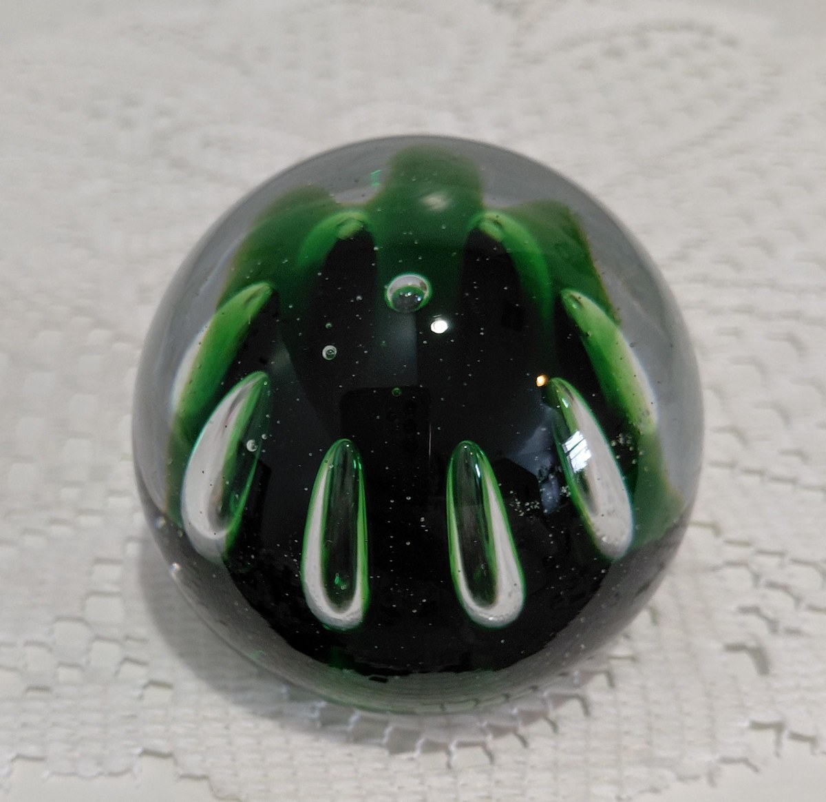 Vintage Blenko Controlled Bubble Art Glass Paperweight | Emerald Green Hand Blown MCM Glass Sculpture, view 3