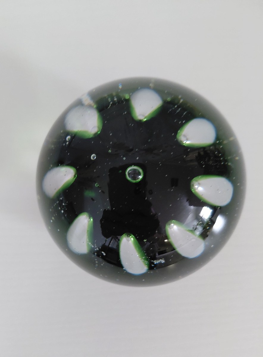 Vintage Blenko Controlled Bubble Art Glass Paperweight | Emerald Green Hand Blown MCM Glass Sculpture, view 4