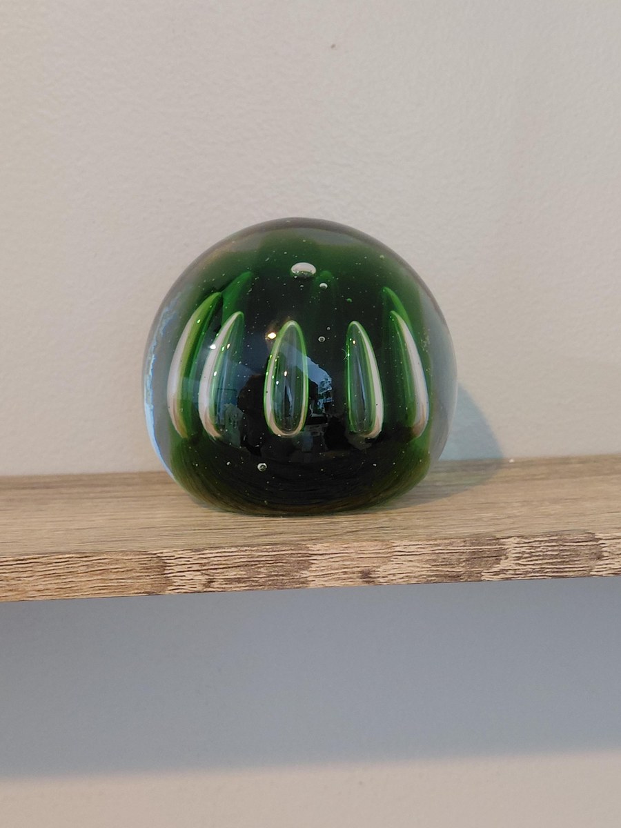 Vintage Blenko Controlled Bubble Art Glass Paperweight | Emerald Green Hand Blown MCM Glass Sculpture, view 5