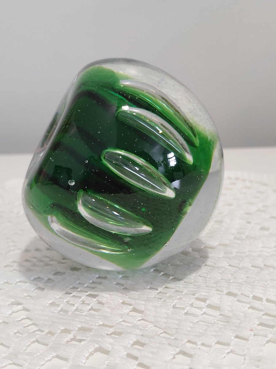 Vintage Blenko Controlled Bubble Art Glass Paperweight | Emerald Green Hand Blown MCM Glass Sculpture, view 6