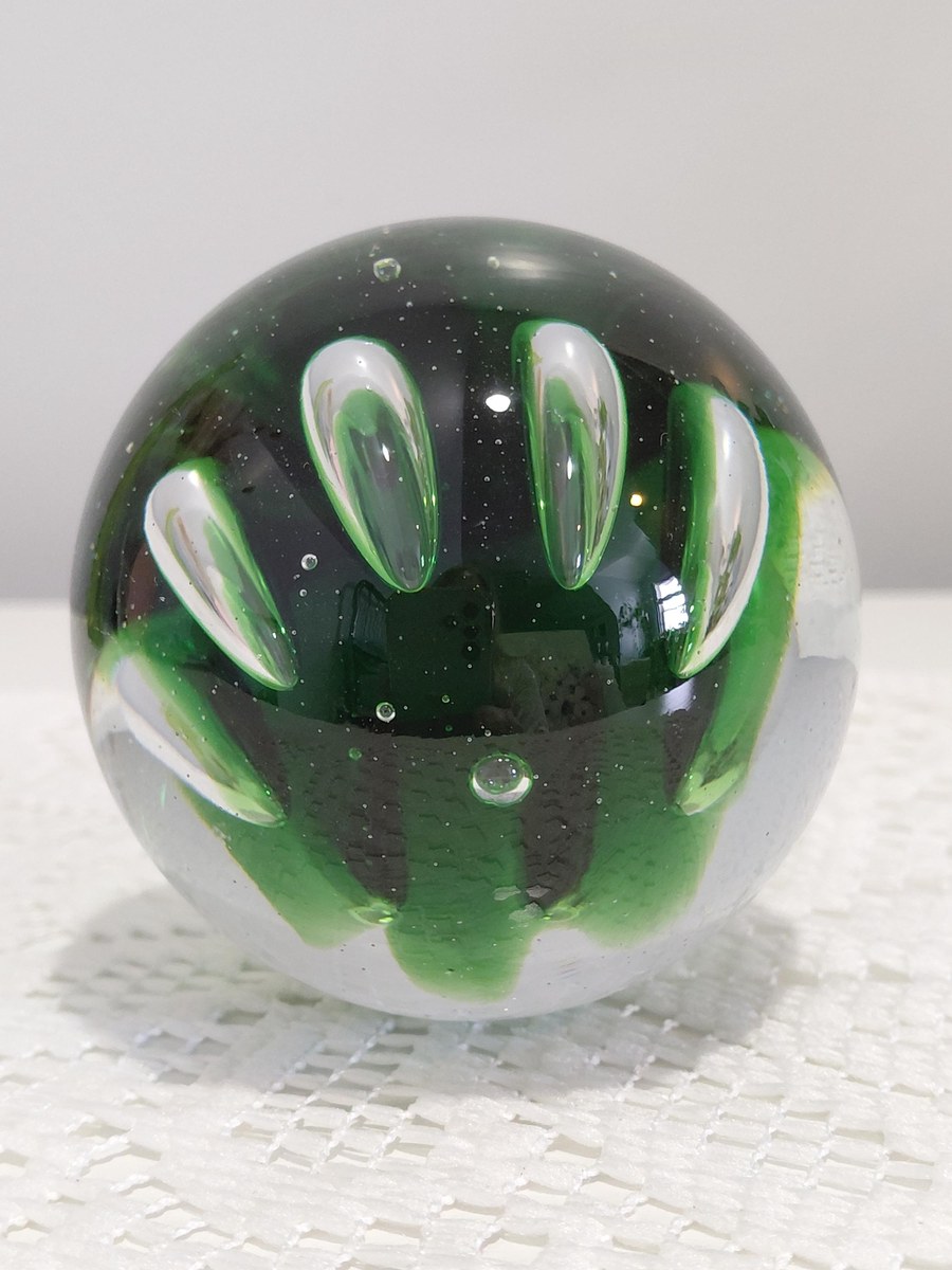 Vintage Blenko Controlled Bubble Art Glass Paperweight | Emerald Green Hand Blown MCM Glass Sculpture, view 7