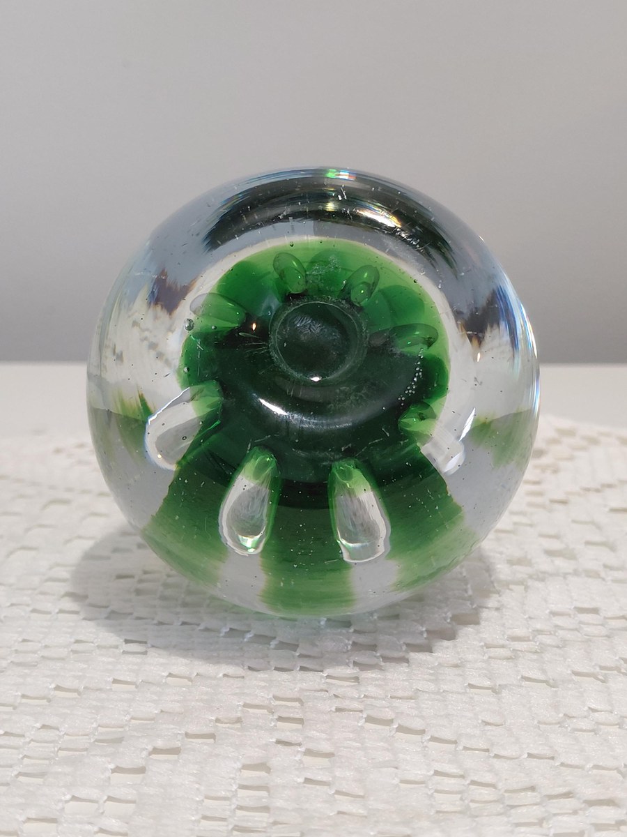 Vintage Blenko Controlled Bubble Art Glass Paperweight | Emerald Green Hand Blown MCM Glass Sculpture, view 8
