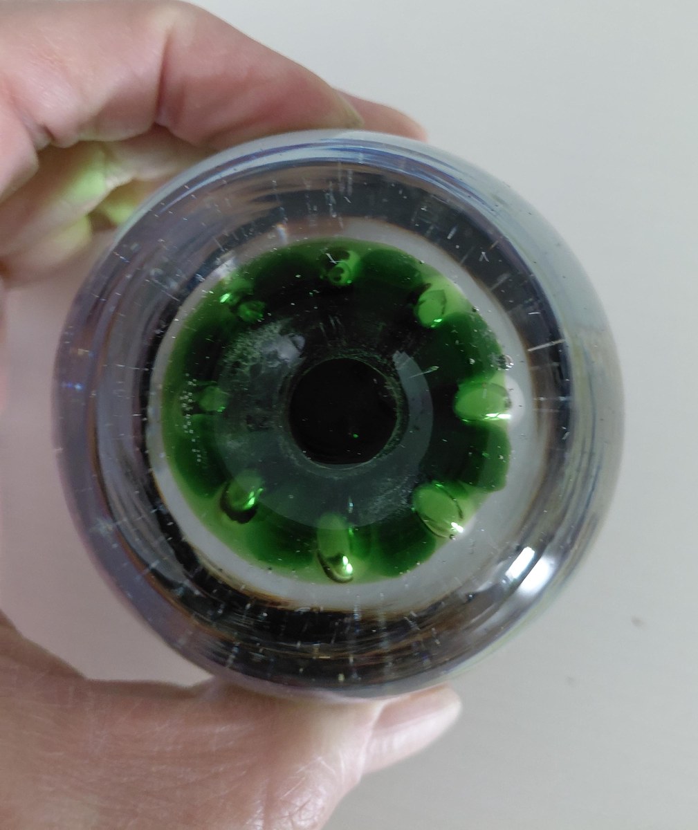 Vintage Blenko Controlled Bubble Art Glass Paperweight | Emerald Green Hand Blown MCM Glass Sculpture, view 9