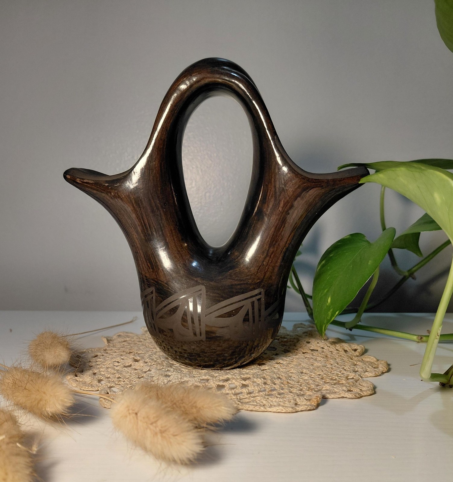 Signed Birdell Bourdon Santa Clara Pueblo Black Pottery Vase Native American Hand Coiled Blackware