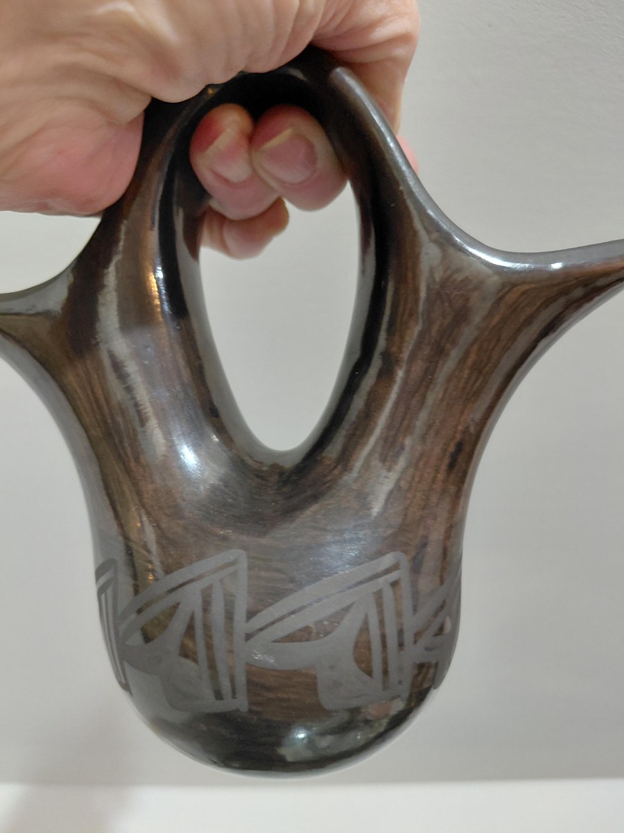 Signed Birdell Bourdon Santa Clara Pueblo Black Pottery Vase Native American Hand Coiled Blackware, view 3