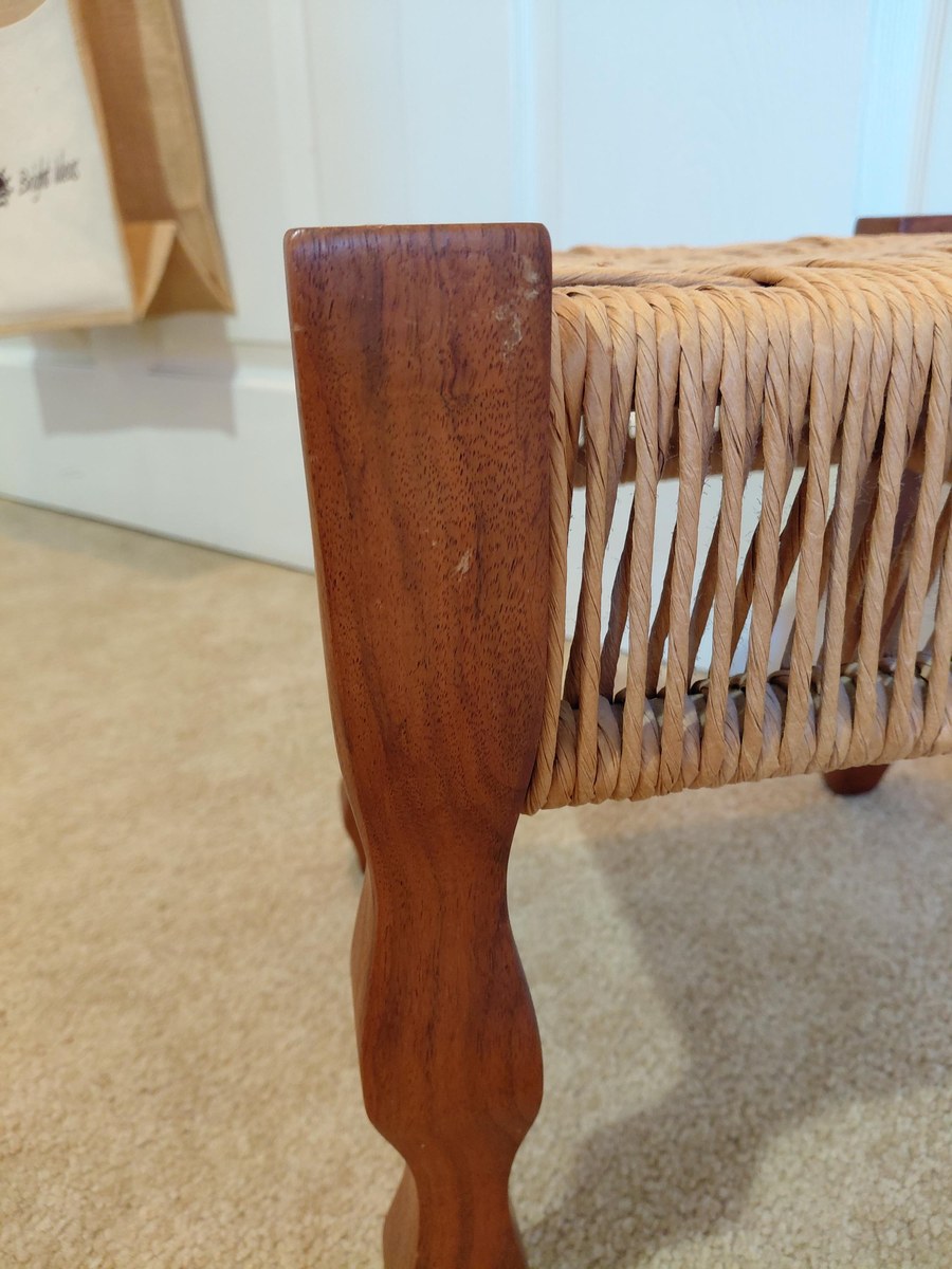 1970s Bluegrass Oakwood Handwoven Rush Footstool - Vintage Solid Oak Farmhouse Riser, view 15