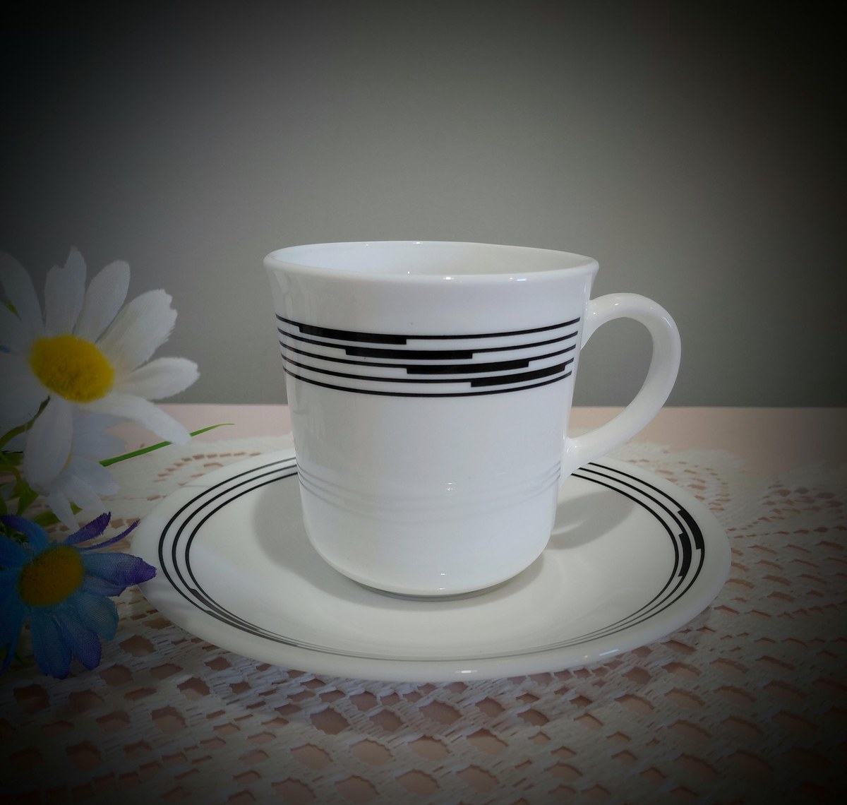 Corelle Optic Black Geometric Cup and Saucer Set, view 12