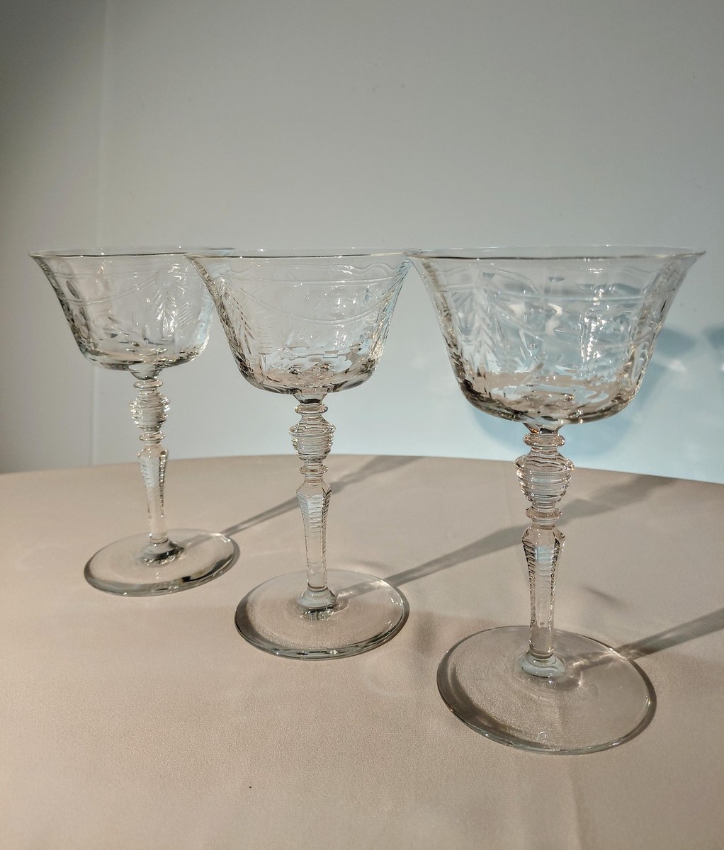 Libbey Rock Sharpe Vintage Etched Crystal Champagne Glasses, view 3