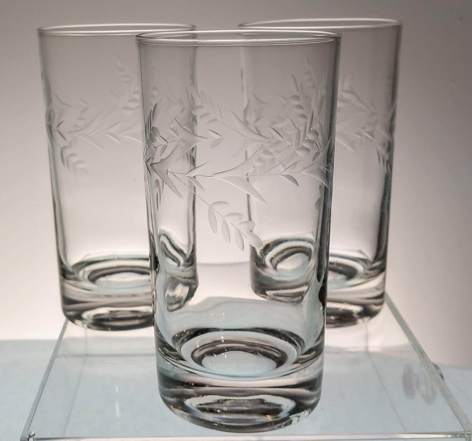 Vintage Javit Etched Leaf Tumblers Set of 3 MCM Acid Etched Glassware