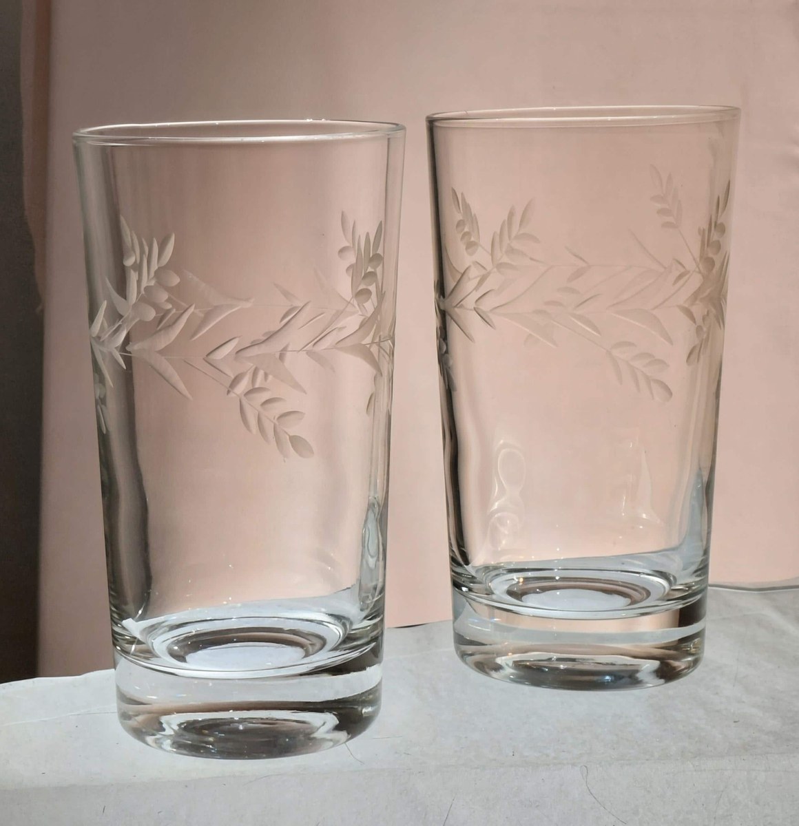 Vintage Javit Etched Leaf Tumblers Set of 3 MCM Acid Etched Glassware, view 14