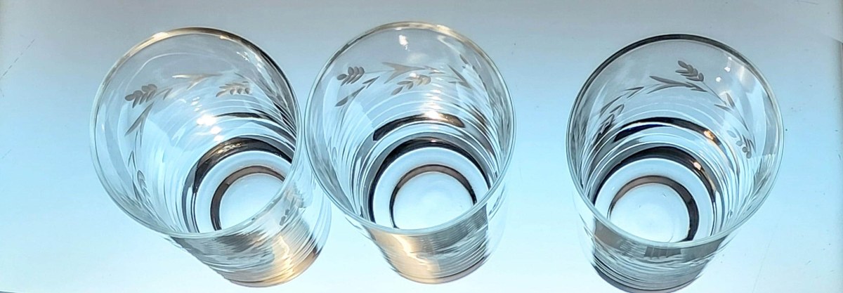 Vintage Javit Etched Leaf Tumblers Set of 3 MCM Acid Etched Glassware, view 19