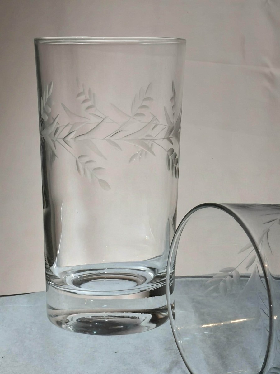 Vintage Javit Etched Leaf Tumblers Set of 3 MCM Acid Etched Glassware, view 5