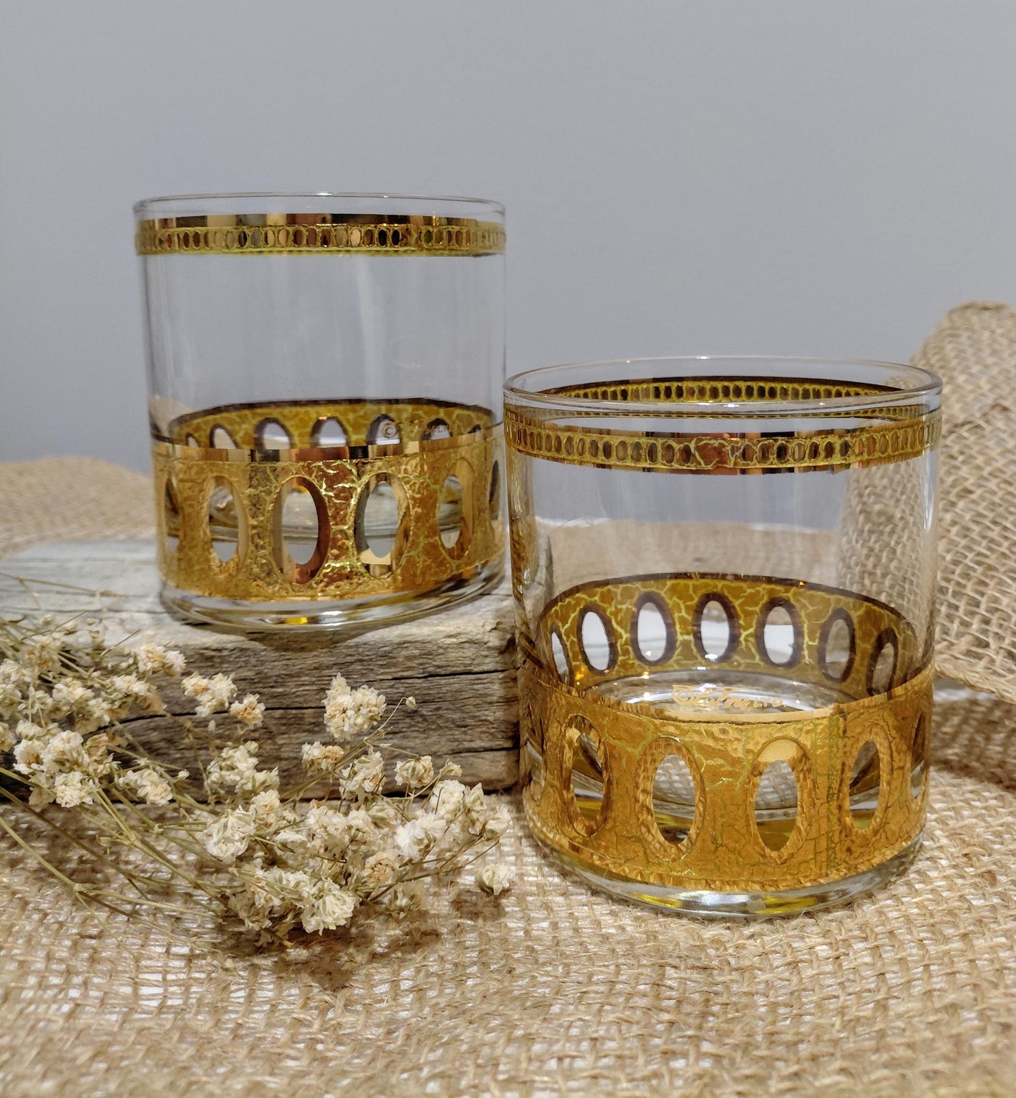 Culver Antiqua Gold Tumblers Set of 2 Vintage 22K Gold Glasses MCM Barware Art Deco Rocks Glasses 12 Oz