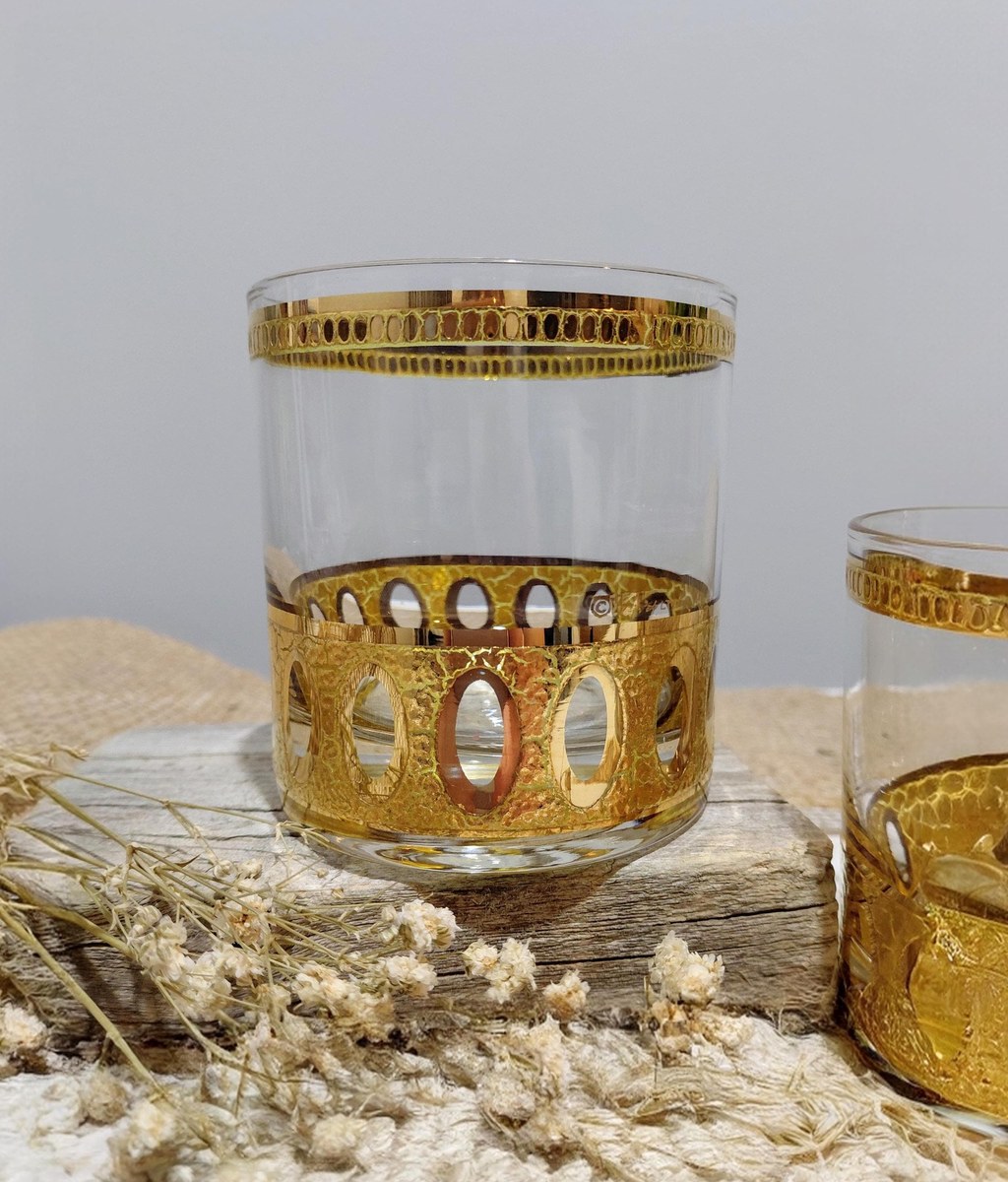 Culver Antiqua Gold Tumblers Set of 2 Vintage 22K Gold Glasses MCM Barware Art Deco Rocks Glasses 12 Oz, view 11