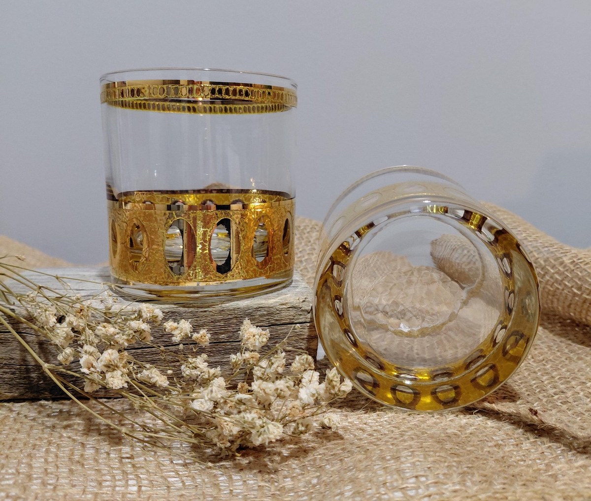 Culver Antiqua Gold Tumblers Set of 2 Vintage 22K Gold Glasses MCM Barware Art Deco Rocks Glasses 12 Oz, view 13