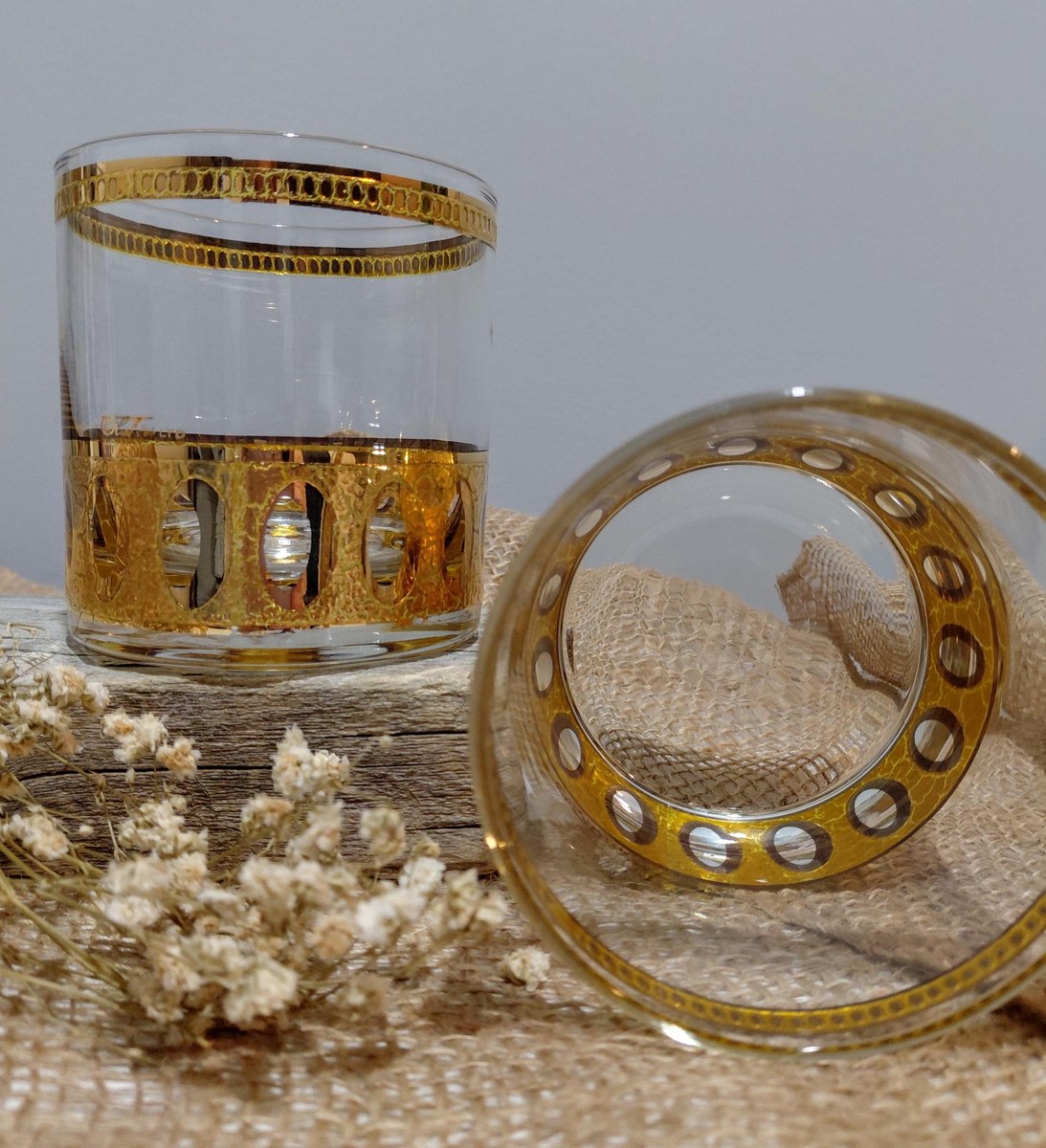 Culver Antiqua Gold Tumblers Set of 2 Vintage 22K Gold Glasses MCM Barware Art Deco Rocks Glasses 12 Oz, view 14
