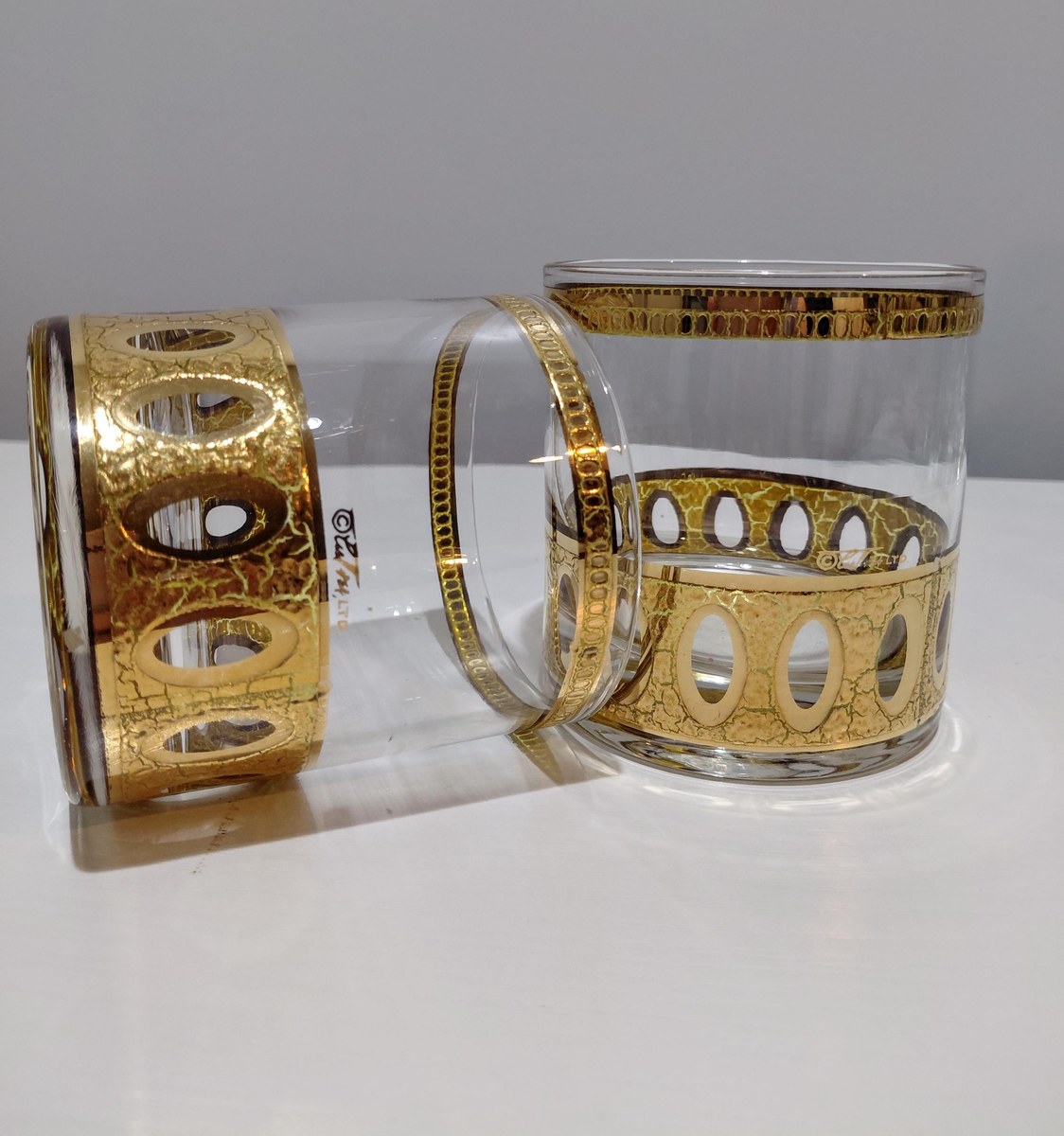 Culver Antiqua Gold Tumblers Set of 2 Vintage 22K Gold Glasses MCM Barware Art Deco Rocks Glasses 12 Oz, view 16