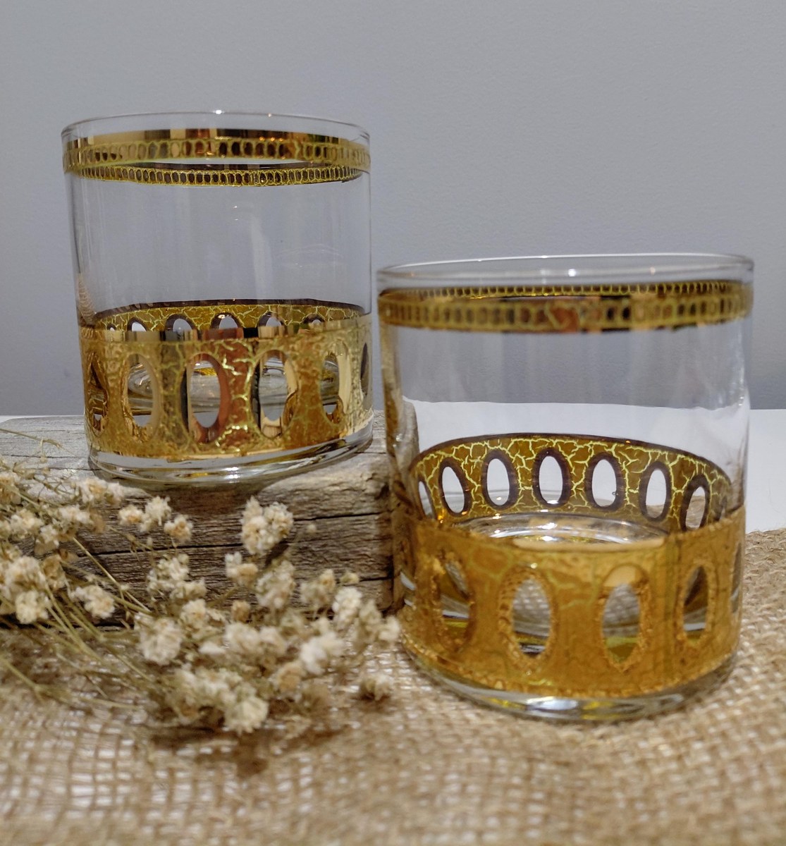 Culver Antiqua Gold Tumblers Set of 2 Vintage 22K Gold Glasses MCM Barware Art Deco Rocks Glasses 12 Oz, view 19