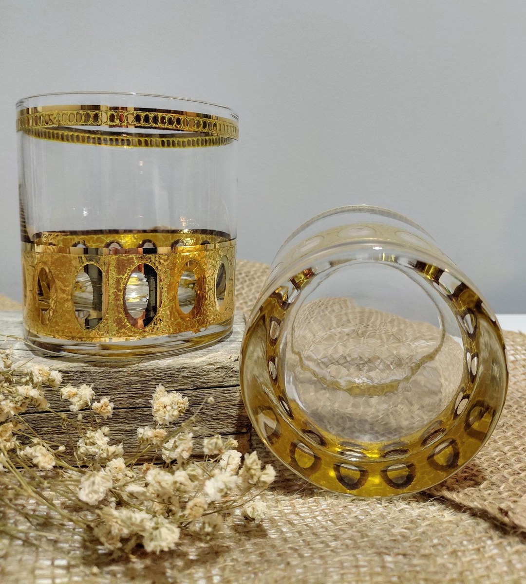 Culver Antiqua Gold Tumblers Set of 2 Vintage 22K Gold Glasses MCM Barware Art Deco Rocks Glasses 12 Oz, view 20