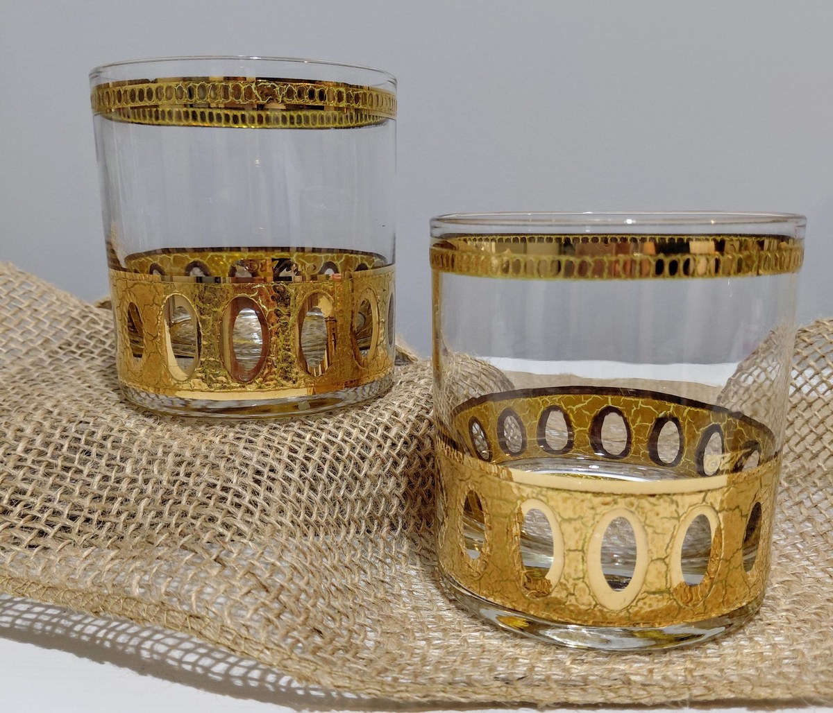 Culver Antiqua Gold Tumblers Set of 2 Vintage 22K Gold Glasses MCM Barware Art Deco Rocks Glasses 12 Oz, view 3