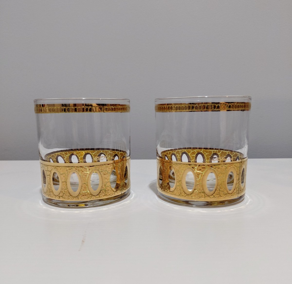 Culver Antiqua Gold Tumblers Set of 2 Vintage 22K Gold Glasses MCM Barware Art Deco Rocks Glasses 12 Oz, view 4