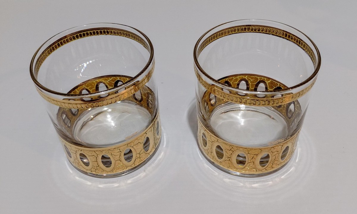Culver Antiqua Gold Tumblers Set of 2 Vintage 22K Gold Glasses MCM Barware Art Deco Rocks Glasses 12 Oz, view 5