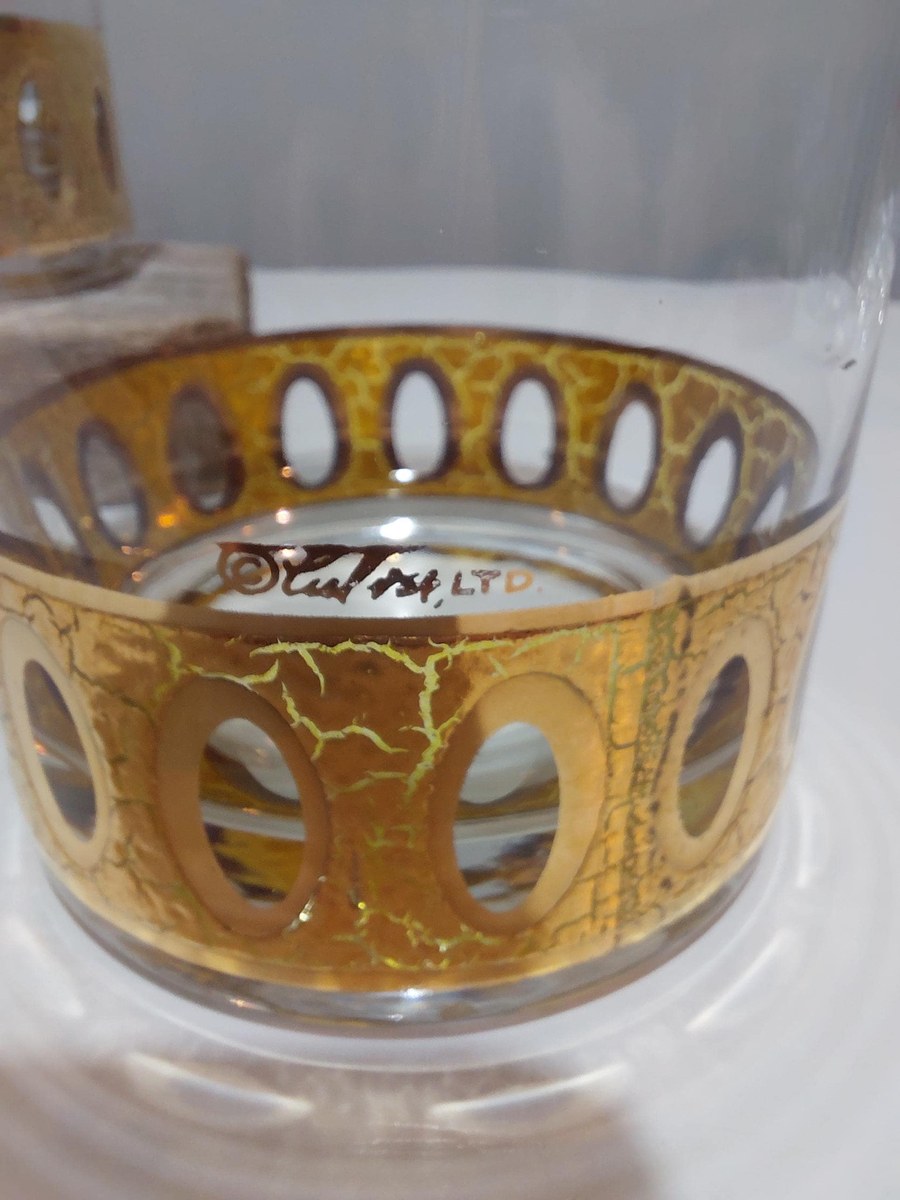 Culver Antiqua Gold Tumblers Set of 2 Vintage 22K Gold Glasses MCM Barware Art Deco Rocks Glasses 12 Oz, view 7