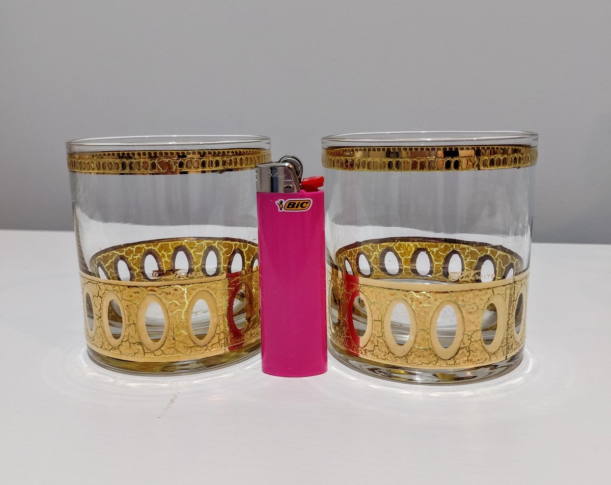 Culver Antiqua Gold Tumblers Set of 2 Vintage 22K Gold Glasses MCM Barware Art Deco Rocks Glasses 12 Oz, view 8