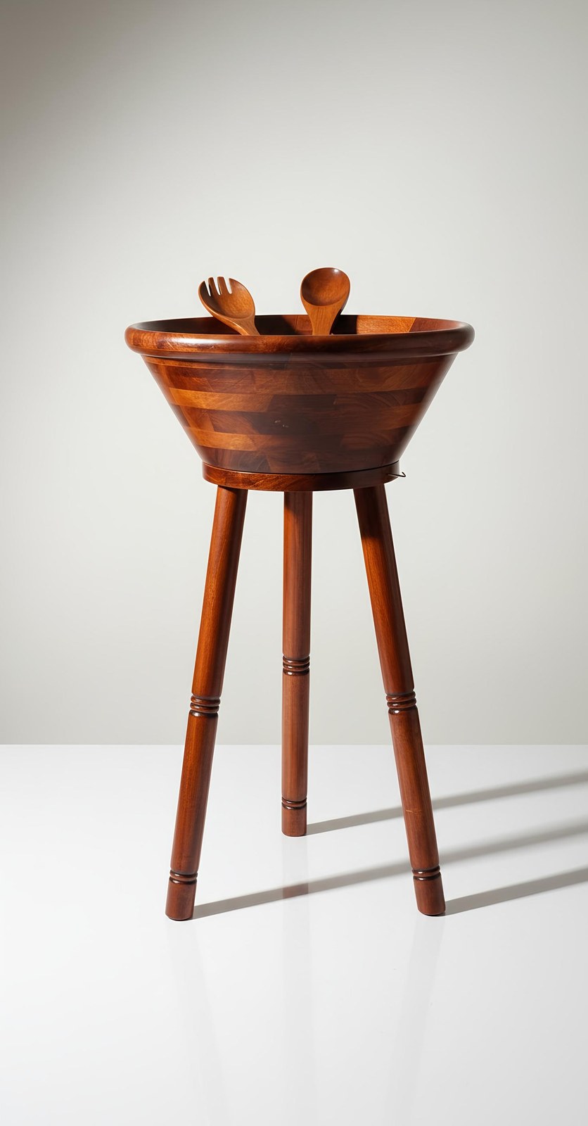 Vintage Pomerantz Rosewood Standing Bowl Set - MCM 34" Floor Pedestal Salad Server with hanging Fork and Spoon