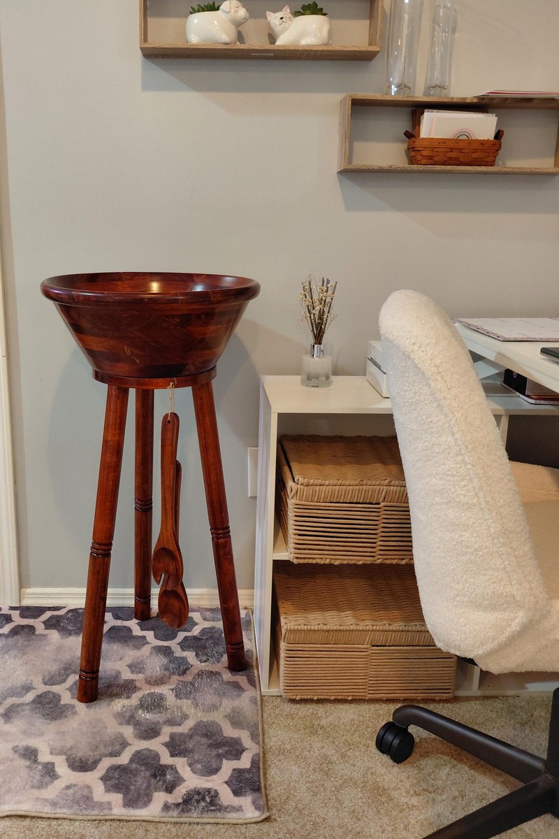 Vintage Pomerantz Rosewood Standing Bowl Set - MCM 34" Floor Pedestal Salad Server with hanging Fork and Spoon, view 16