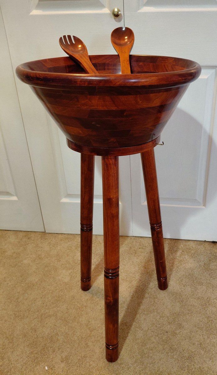 Vintage Pomerantz Rosewood Standing Bowl Set - MCM 34" Floor Pedestal Salad Server with hanging Fork and Spoon, view 19
