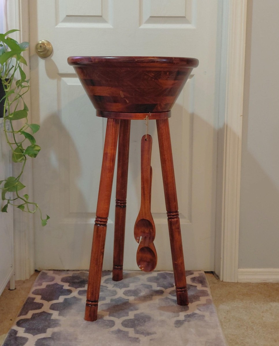 Vintage Pomerantz Rosewood Standing Bowl Set - MCM 34" Floor Pedestal Salad Server with hanging Fork and Spoon, view 2