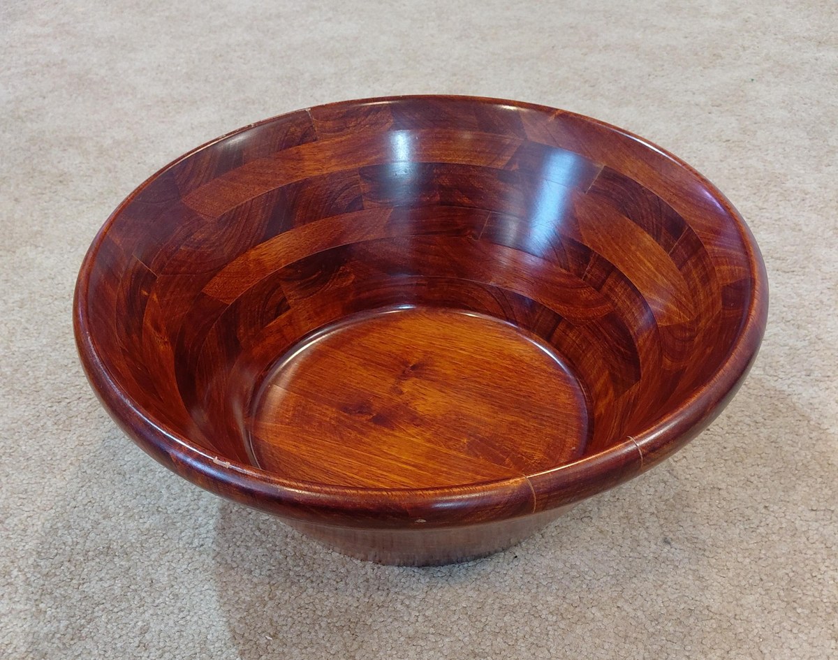 Vintage Pomerantz Rosewood Standing Bowl Set - MCM 34" Floor Pedestal Salad Server with hanging Fork and Spoon, view 3