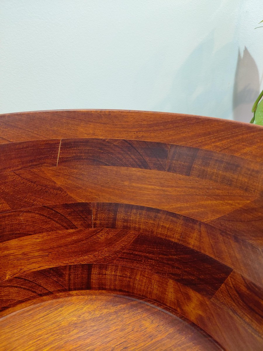 Vintage Pomerantz Rosewood Standing Bowl Set - MCM 34" Floor Pedestal Salad Server with hanging Fork and Spoon, view 4