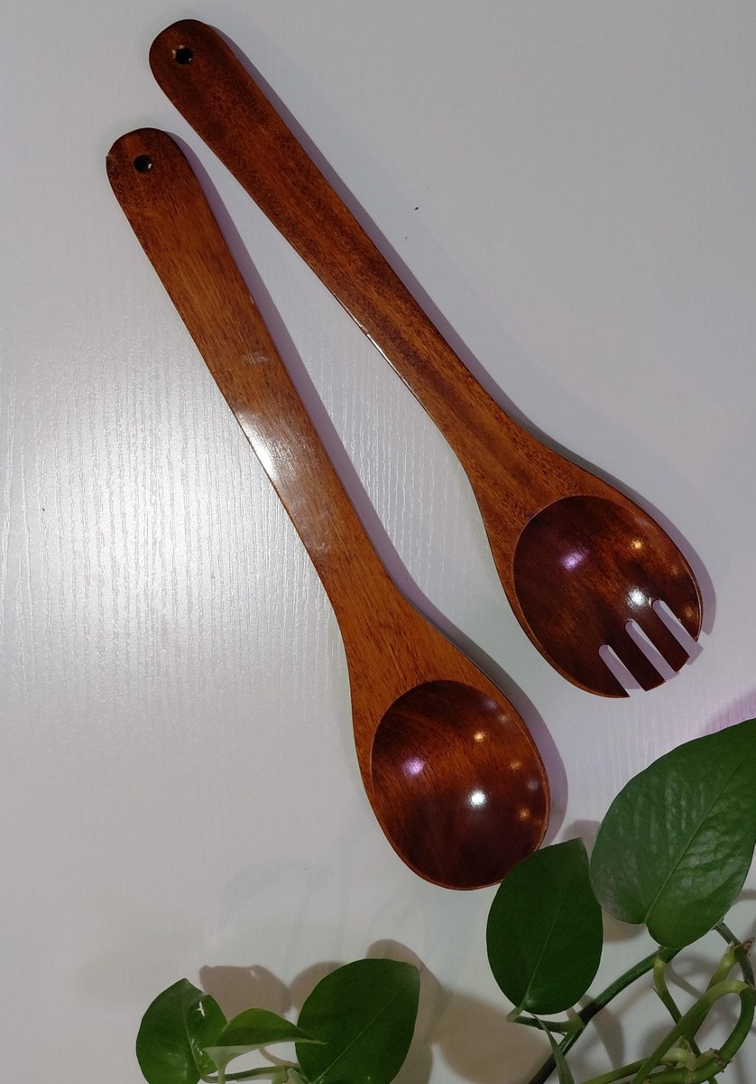 Vintage Pomerantz Rosewood Standing Bowl Set - MCM 34" Floor Pedestal Salad Server with hanging Fork and Spoon, view 5