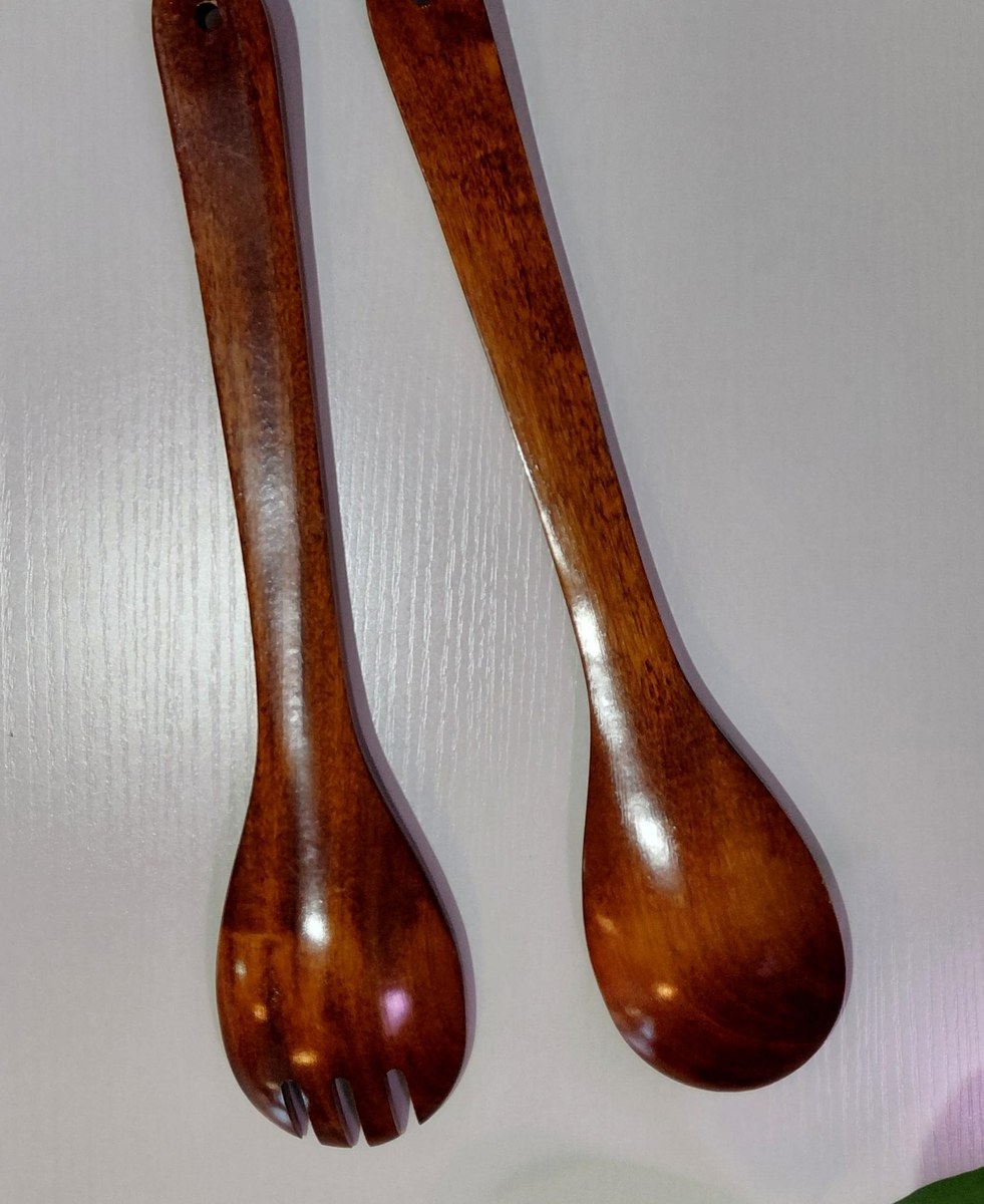 Vintage Pomerantz Rosewood Standing Bowl Set - MCM 34" Floor Pedestal Salad Server with hanging Fork and Spoon, view 6