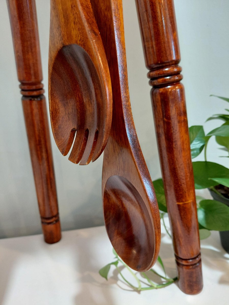 Vintage Pomerantz Rosewood Standing Bowl Set - MCM 34" Floor Pedestal Salad Server with hanging Fork and Spoon, view 8