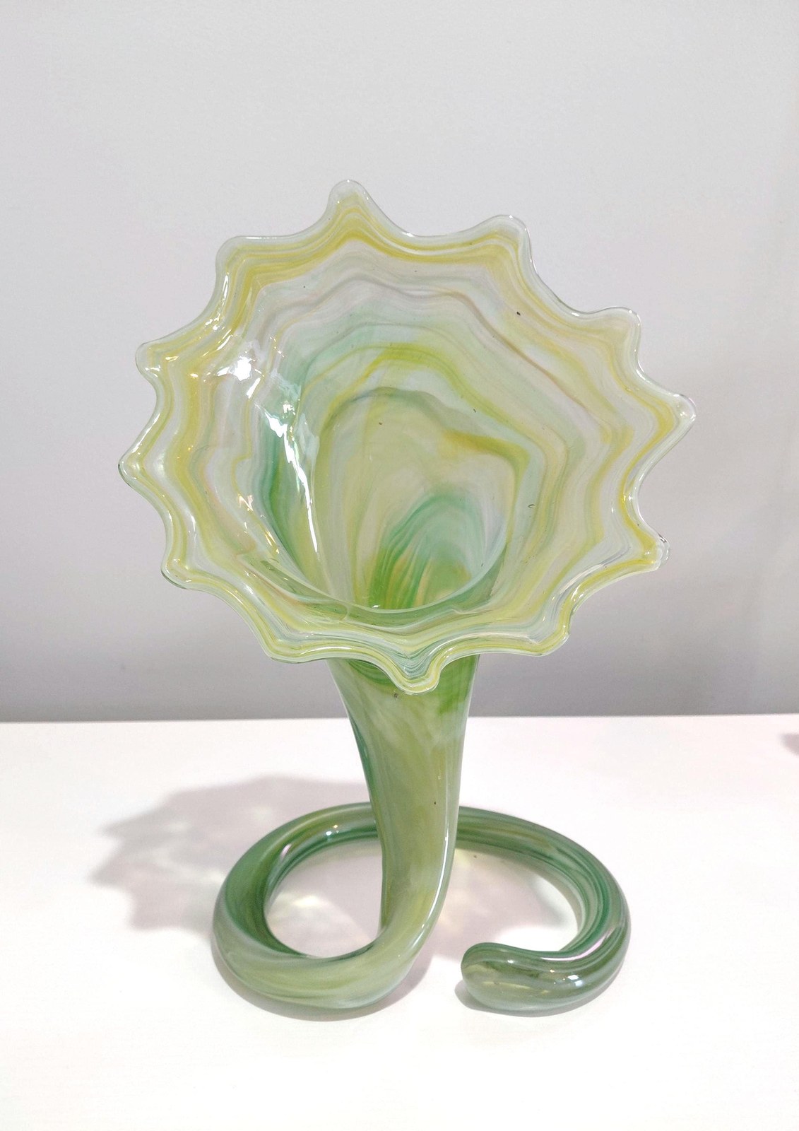 Vintage Hand Blown Art Glass Vase, Yellow Green Swirl, Ruffled Rim, Twisted Stem, 12.5"