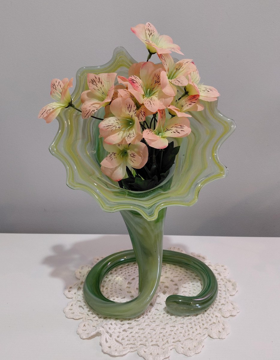 Vintage Hand Blown Art Glass Vase, Yellow Green Swirl, Ruffled Rim, Twisted Stem, 12.5", view 10