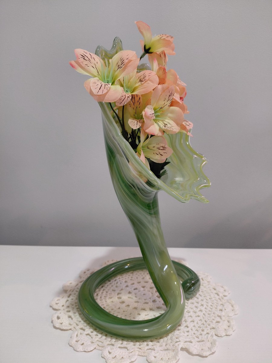 Vintage Hand Blown Art Glass Vase, Yellow Green Swirl, Ruffled Rim, Twisted Stem, 12.5", view 12