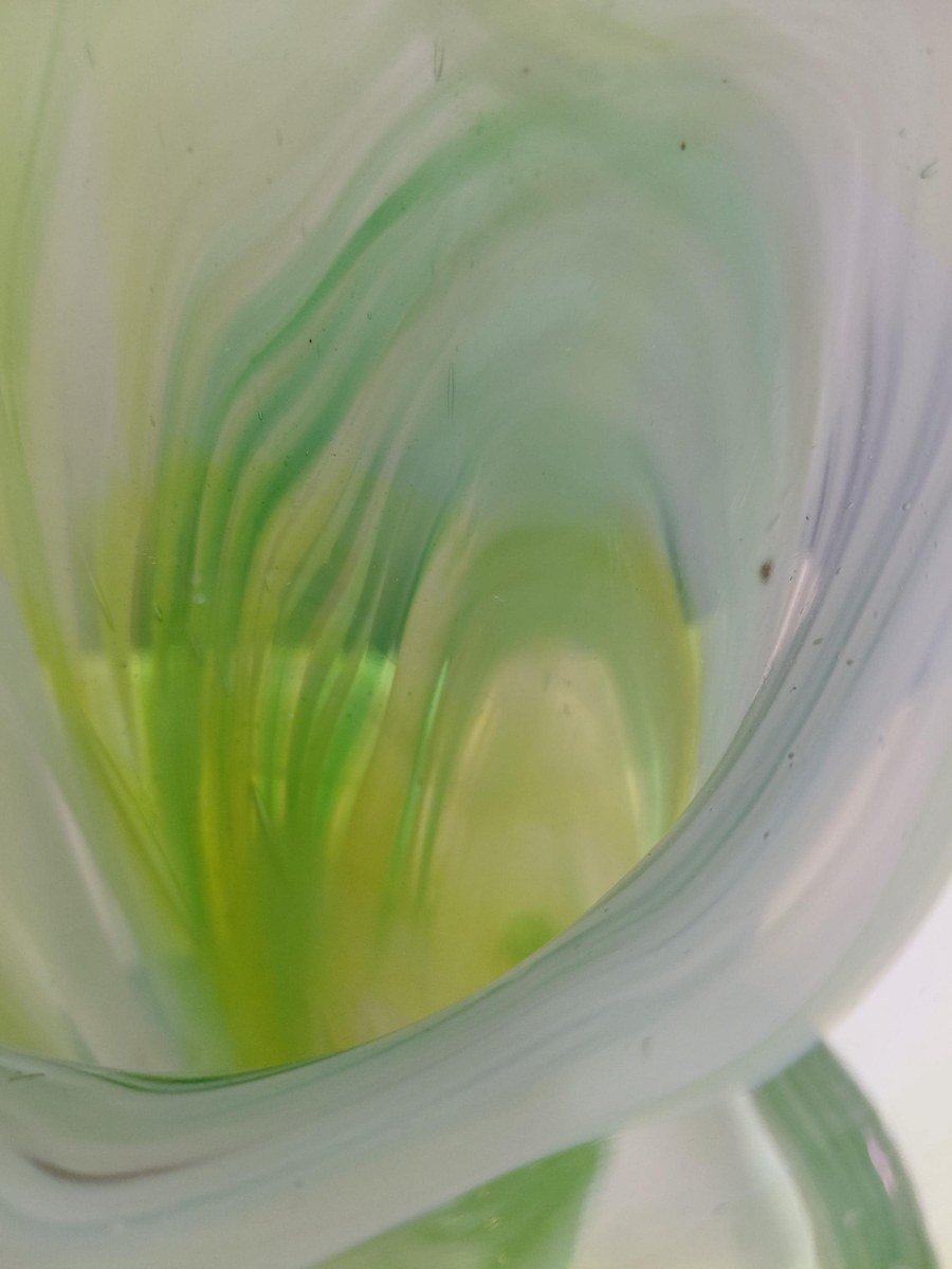 Vintage Hand Blown Art Glass Vase, Yellow Green Swirl, Ruffled Rim, Twisted Stem, 12.5", view 14