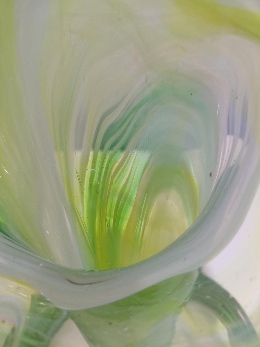 Vintage Hand Blown Art Glass Vase, Yellow Green Swirl, Ruffled Rim, Twisted Stem, 12.5", view 15