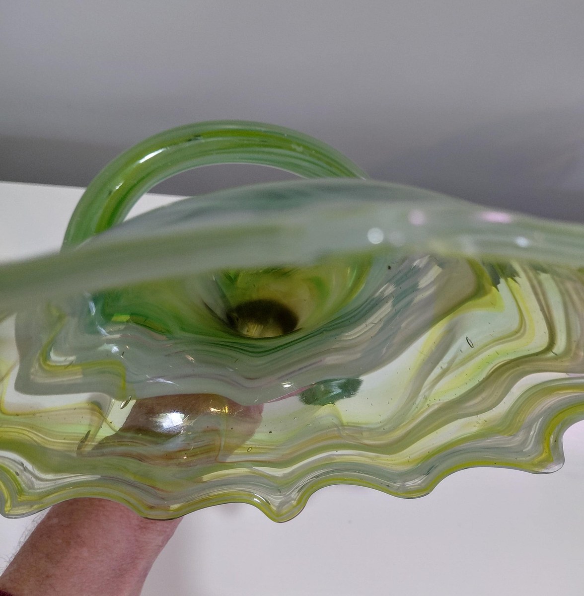 Vintage Hand Blown Art Glass Vase, Yellow Green Swirl, Ruffled Rim, Twisted Stem, 12.5", view 16