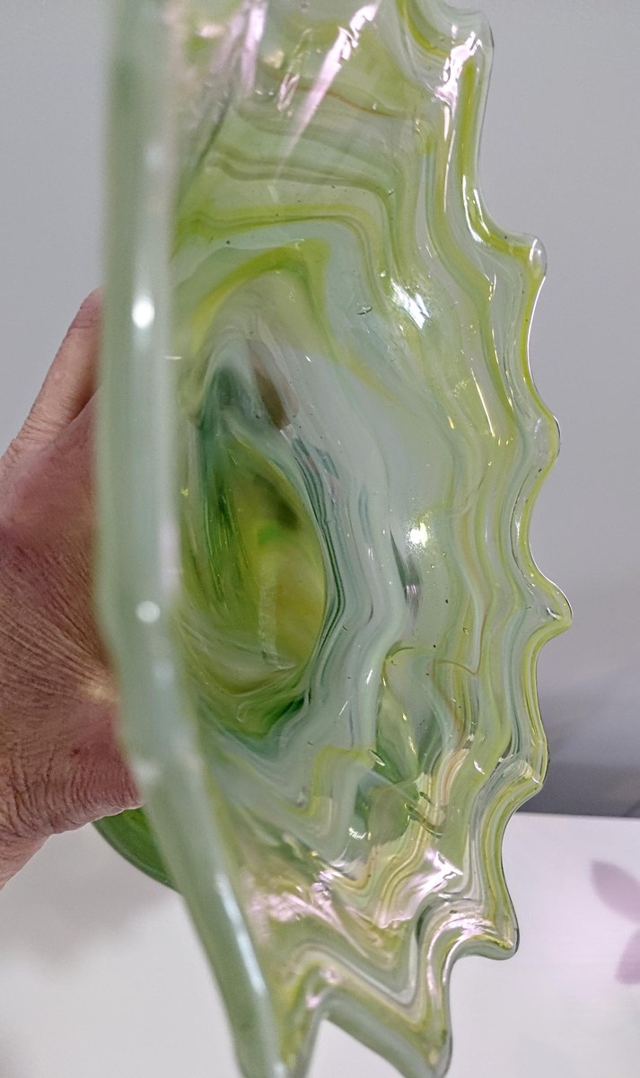 Vintage Hand Blown Art Glass Vase, Yellow Green Swirl, Ruffled Rim, Twisted Stem, 12.5", view 17