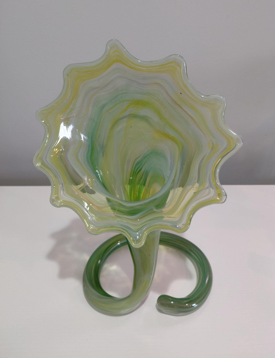 Vintage Hand Blown Art Glass Vase, Yellow Green Swirl, Ruffled Rim, Twisted Stem, 12.5", view 18